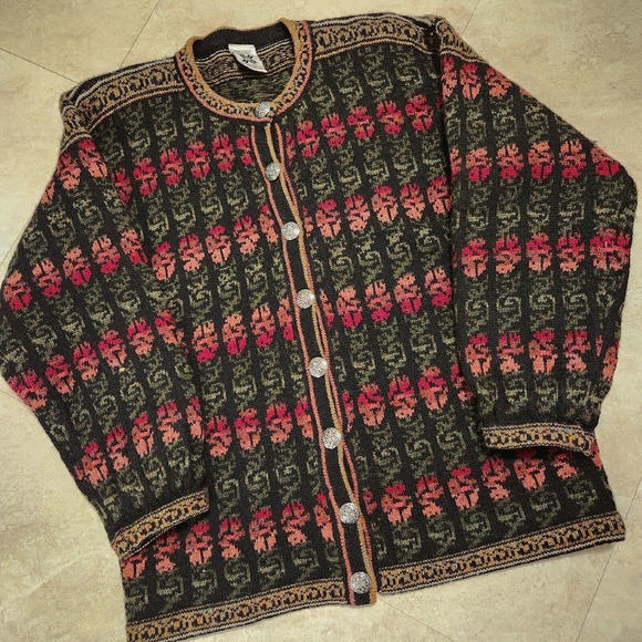 Icelandic Design Sweaters - Icelandic Design Womens L Large Wool Knit Noric Floral Cardigan Button Sweater